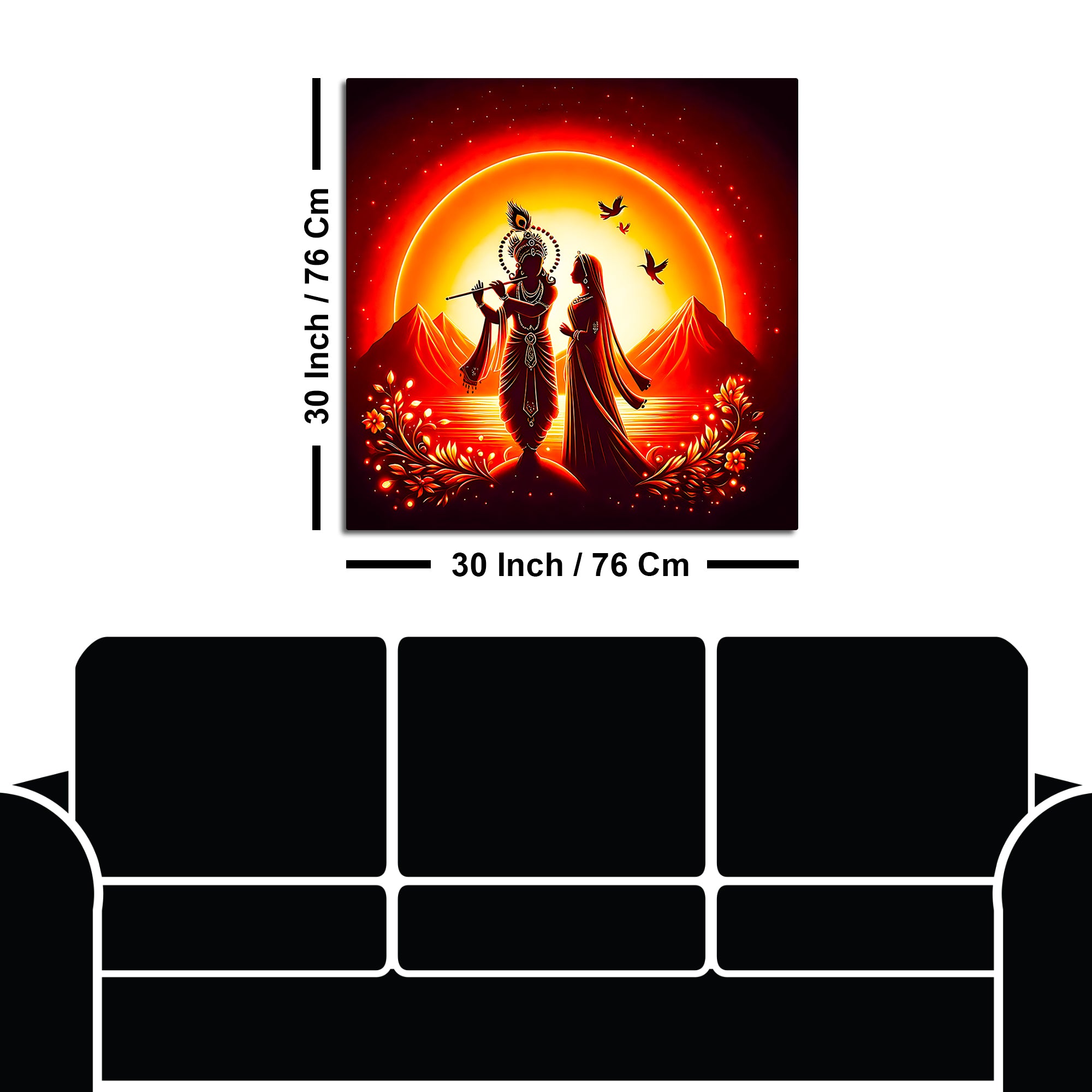 Divine Shri Radha Krishna Sunset Silhouette Wall Painting for Home Interior – Modern Devotional Canvas Wall Art