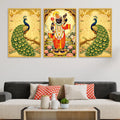 Divine Shrinath Ji and Peacock Canvas Wall Painting Set of Three