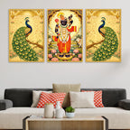 Divine Shrinath Ji and Peacock Canvas Wall Painting Set of Three
