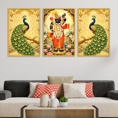 Divine Shrinath Ji and Peacock Canvas Wall Painting Set of Three