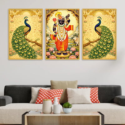 Divine Shrinath Ji and Peacock Canvas Wall Painting Set of Three