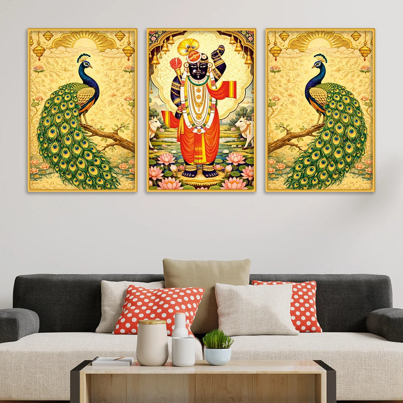 Divine Shrinath Ji and Peacock Canvas Wall Painting Set of Three