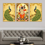 Divine Shrinath Ji and Peacock Canvas Wall Painting Set of Three