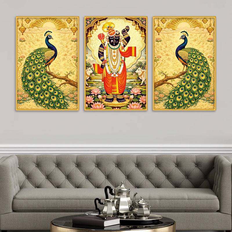 Divine Shrinath Ji and Peacock Canvas Wall Painting Set of Three