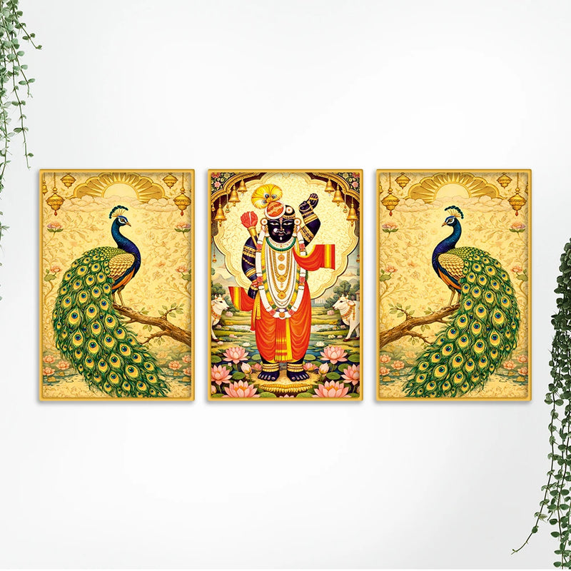 Divine Shrinath Ji and Peacock Canvas Wall Painting Set of Three
