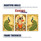 Divine Shrinath Ji and Peacock Canvas Wall Painting Set of Three
