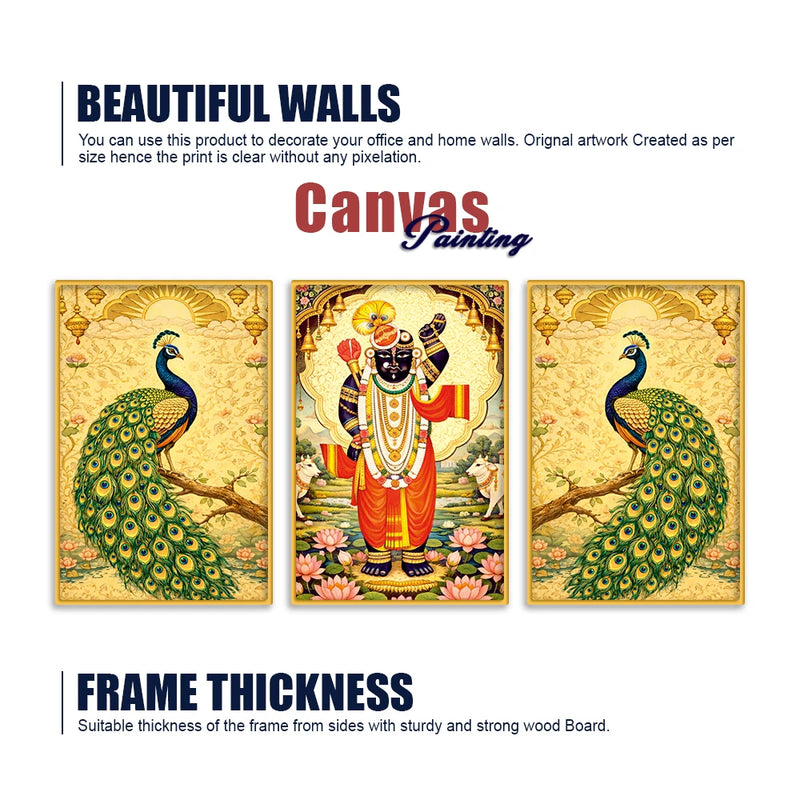 Divine Shrinath Ji and Peacock Canvas Wall Painting Set of Three