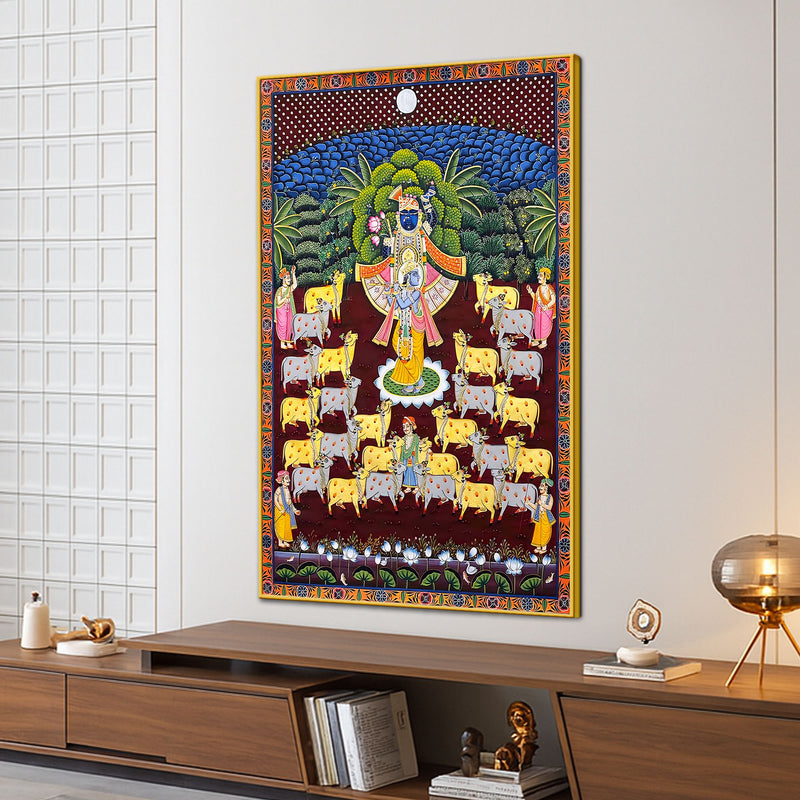 Divine Shrinath Ji Govardhan Leela Pichwai Canvas Wall Painting