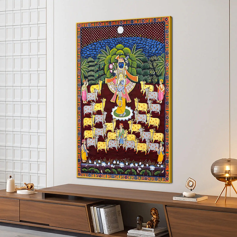 Divine Shrinath Ji Govardhan Leela Pichwai Canvas Wall Painting