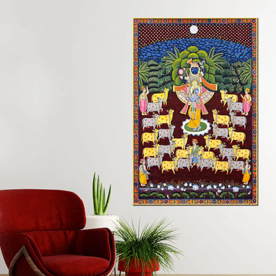 Divine Shrinath Ji Govardhan Leela Pichwai Canvas Wall Painting