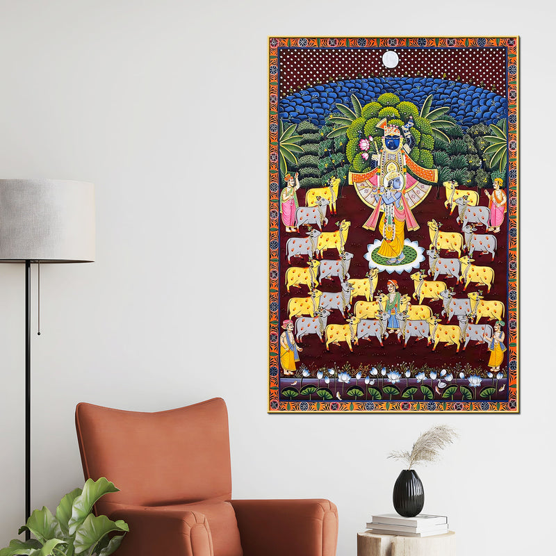 Divine Shrinath Ji Govardhan Leela Pichwai Canvas Wall Painting