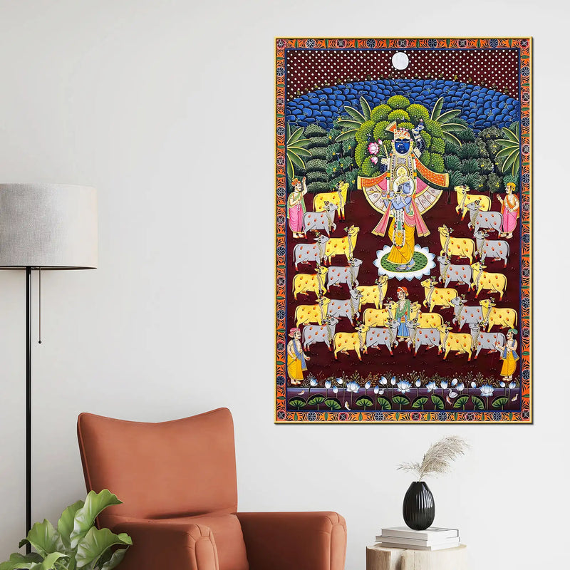 Divine Shrinath Ji Govardhan Leela Pichwai Canvas Wall Painting