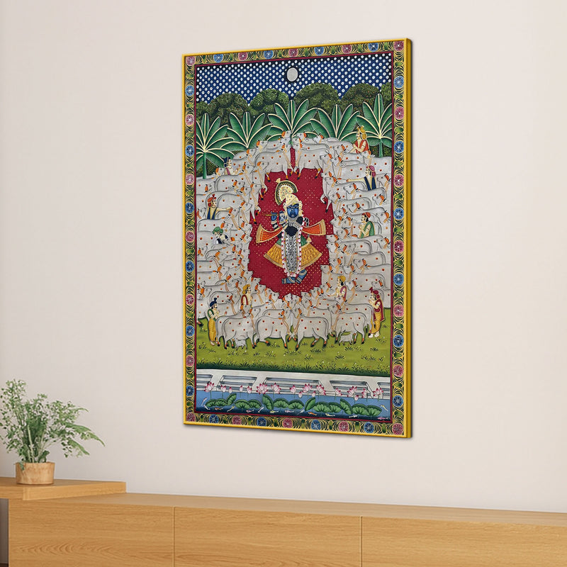 Divine Shrinath Ji Surrounded by Sacred Cows Nathdwara Pichwai Canvas Painting