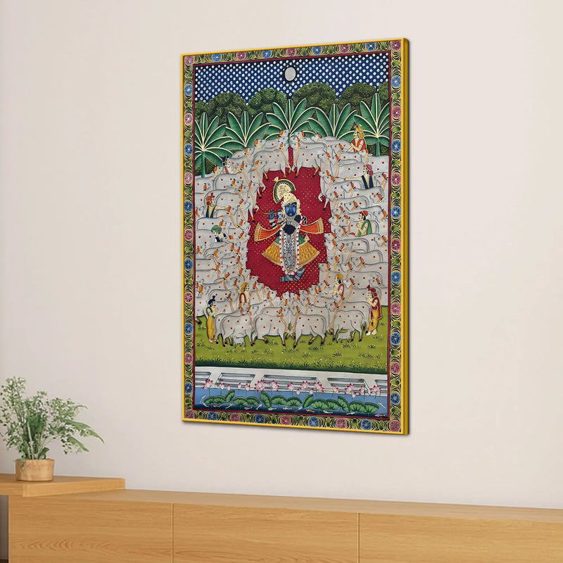 Divine Shrinath Ji Surrounded by Sacred Cows Nathdwara Pichwai Canvas Painting