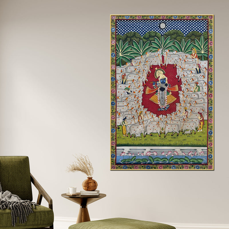 Divine Shrinath Ji Surrounded by Sacred Cows Nathdwara Pichwai Canvas Painting