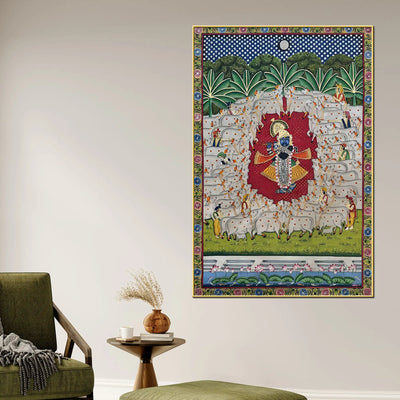 Divine Shrinath Ji Surrounded by Sacred Cows Nathdwara Pichwai Canvas Painting