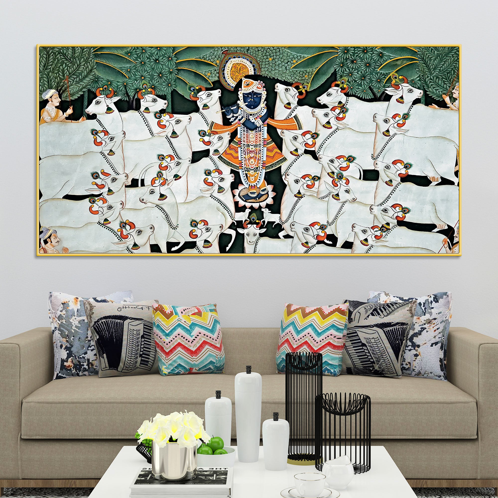 Divine Shrinathji with Cows Traditional Pichwai Painting