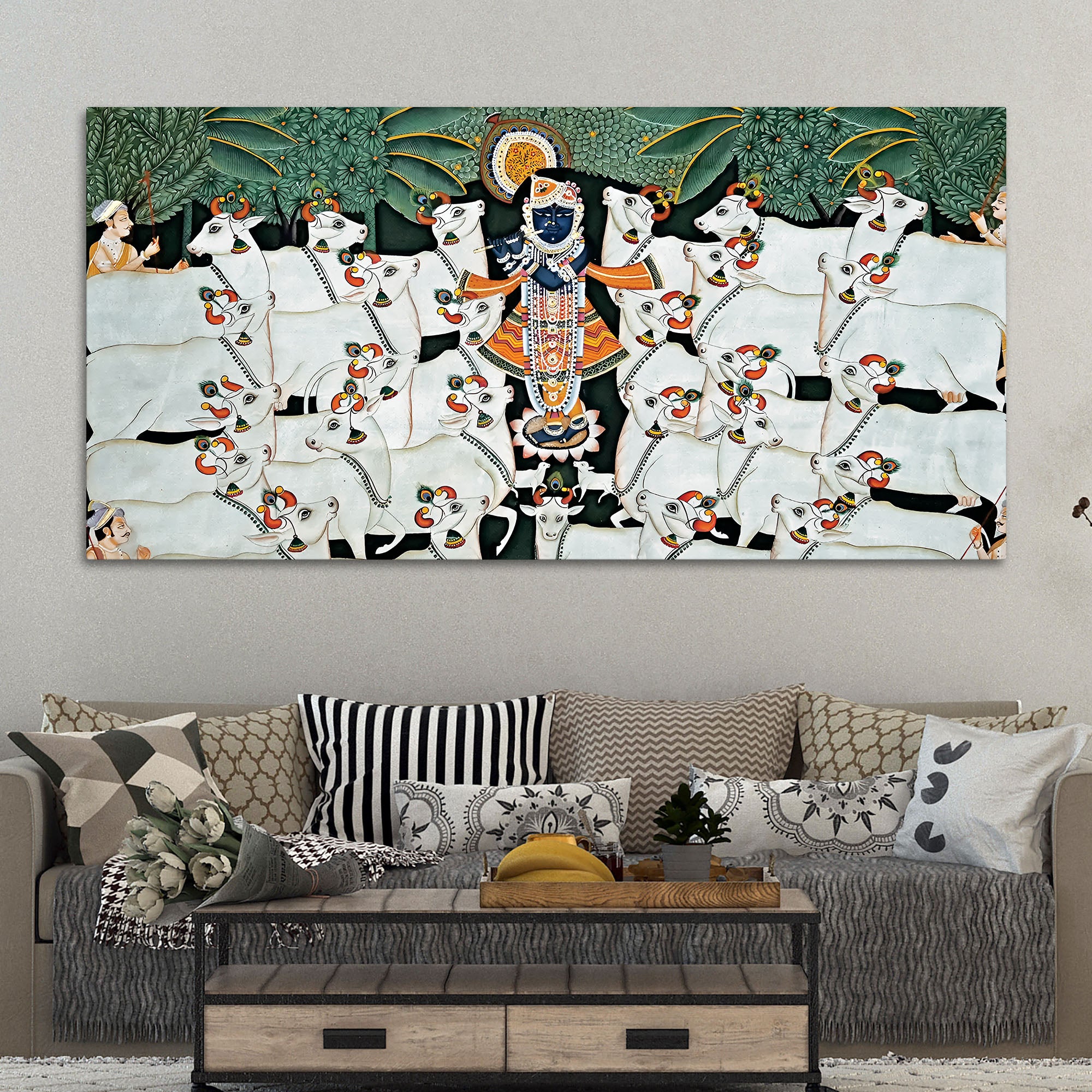 Divine Shrinathji with Cows Traditional Pichwai Painting