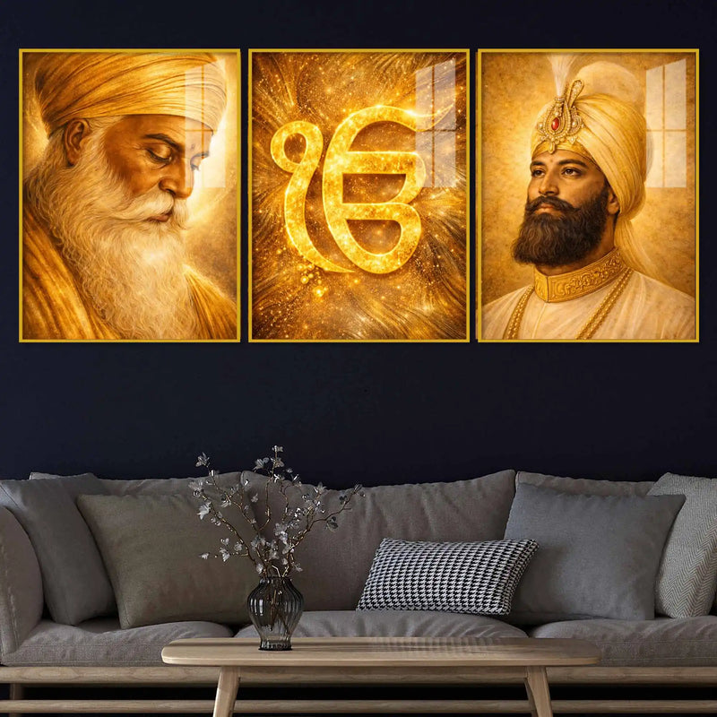 Divine Sikh Heritage Acrylic Floating Frame Wall Painting Set of 3