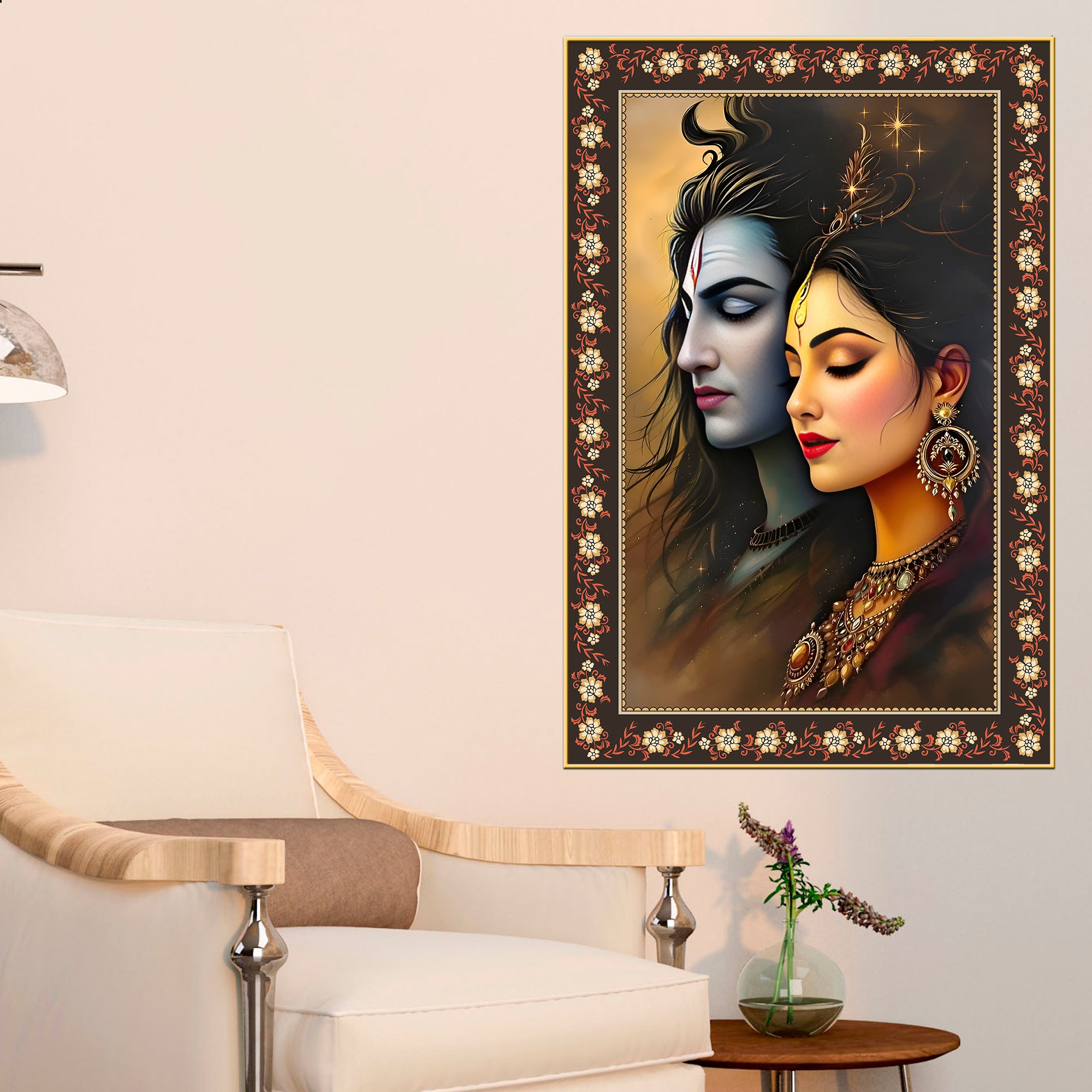 Divine Union Gauri Shankar Floral Border Vertical Wall Painting