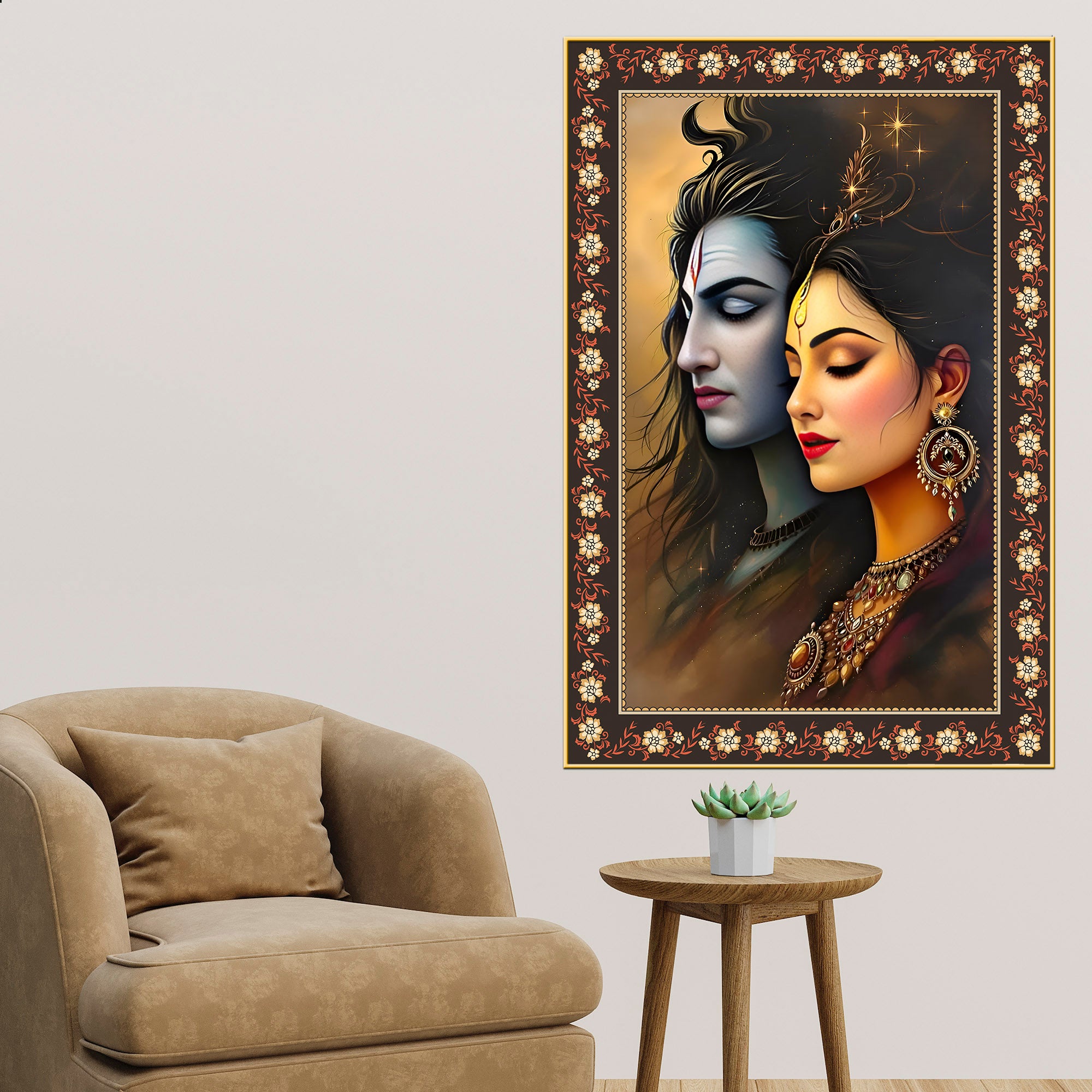 Divine Union Gauri Shankar Floral Border Vertical Wall Painting