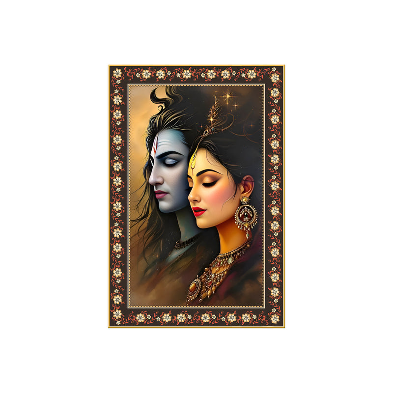 Divine Union Gauri Shankar Floral Border Vertical Wall Painting