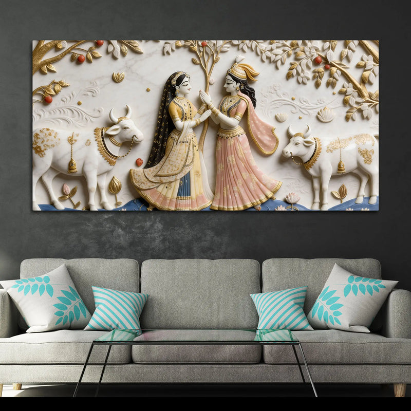 Divine Vrindavan Gopis and Sacred Cows Premium 3D Canvas Wall Painting
