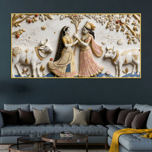 Divine Vrindavan Gopis and Sacred Cows Premium 3D Canvas Wall Painting