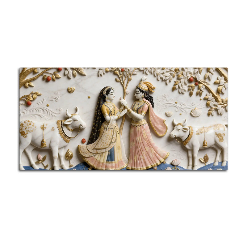 Divine Vrindavan Gopis and Sacred Cows Premium 3D Canvas Wall Painting