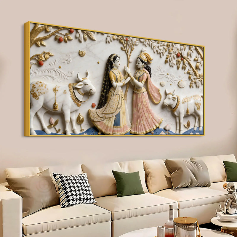 Divine Vrindavan Gopis and Sacred Cows Premium 3D Canvas Wall Painting