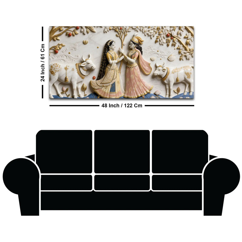 Divine Vrindavan Gopis and Sacred Cows Premium 3D Canvas Wall Painting