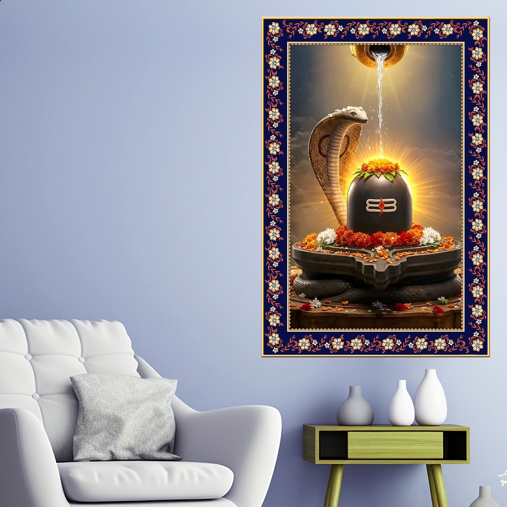 Divinity of the Shivling Floral Border Vertical Wall Painting