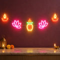Diwali Multicolor Neon LED Toran Wall Hanging with Diya, Lotus & Swastik Kalash Design