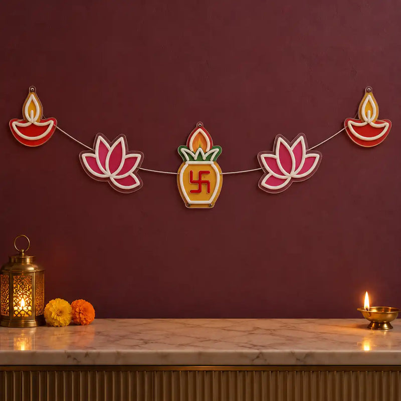 Diwali Multicolor Neon LED Toran Wall Hanging with Diya, Lotus & Swastik Kalash Design