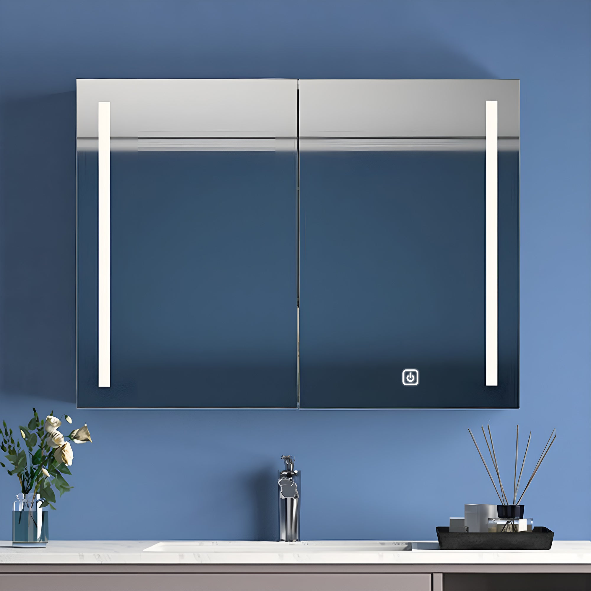 Double Door LED Mirror Cabinet with Vertical Lights and Touch Sensor