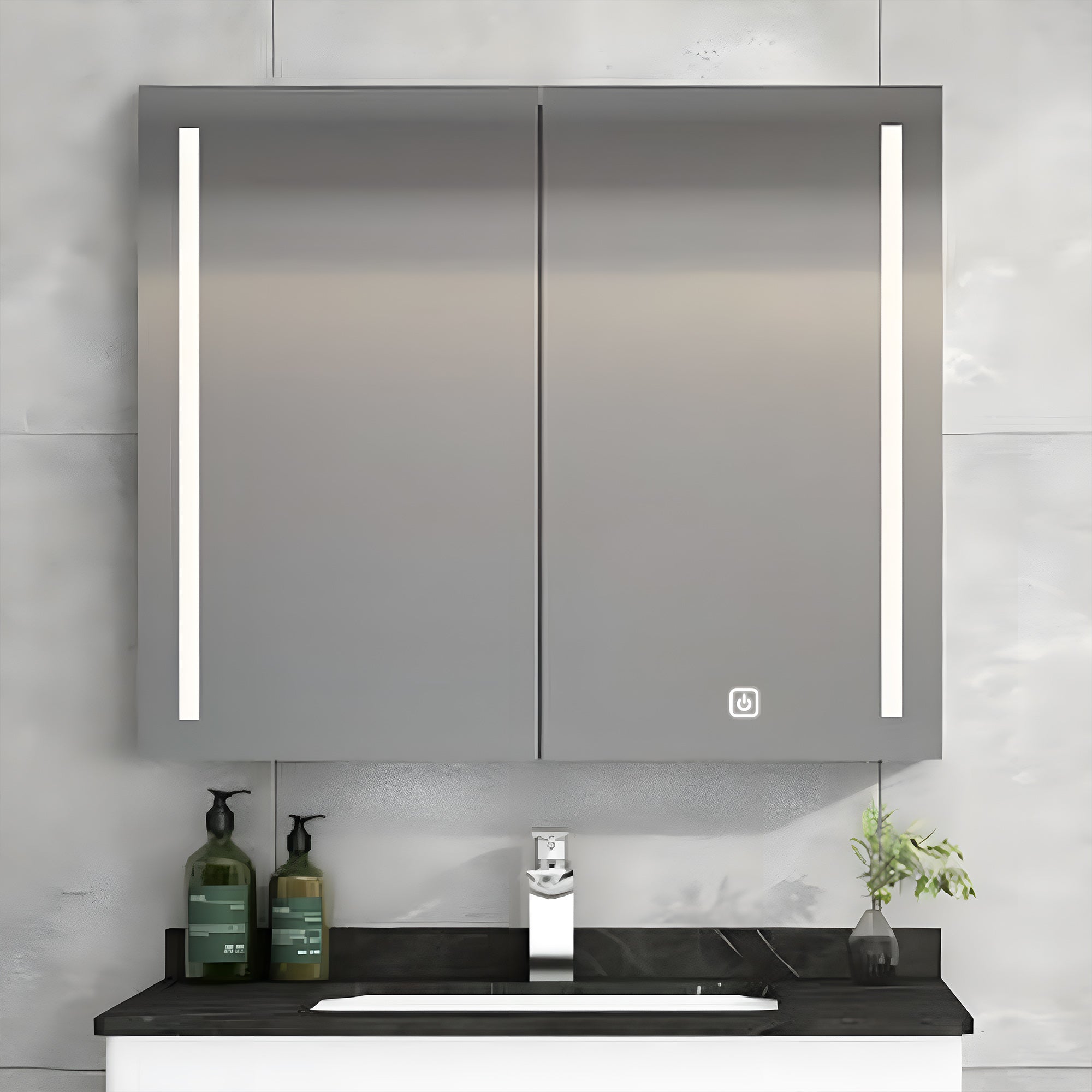 Double Door LED Mirror Cabinet with Vertical Lights and Touch Sensor