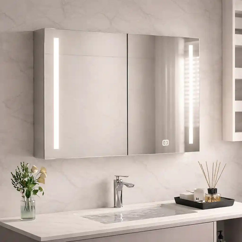 Double Door LED Mirror Cabinet with Vertical Lights and Touch Sensor