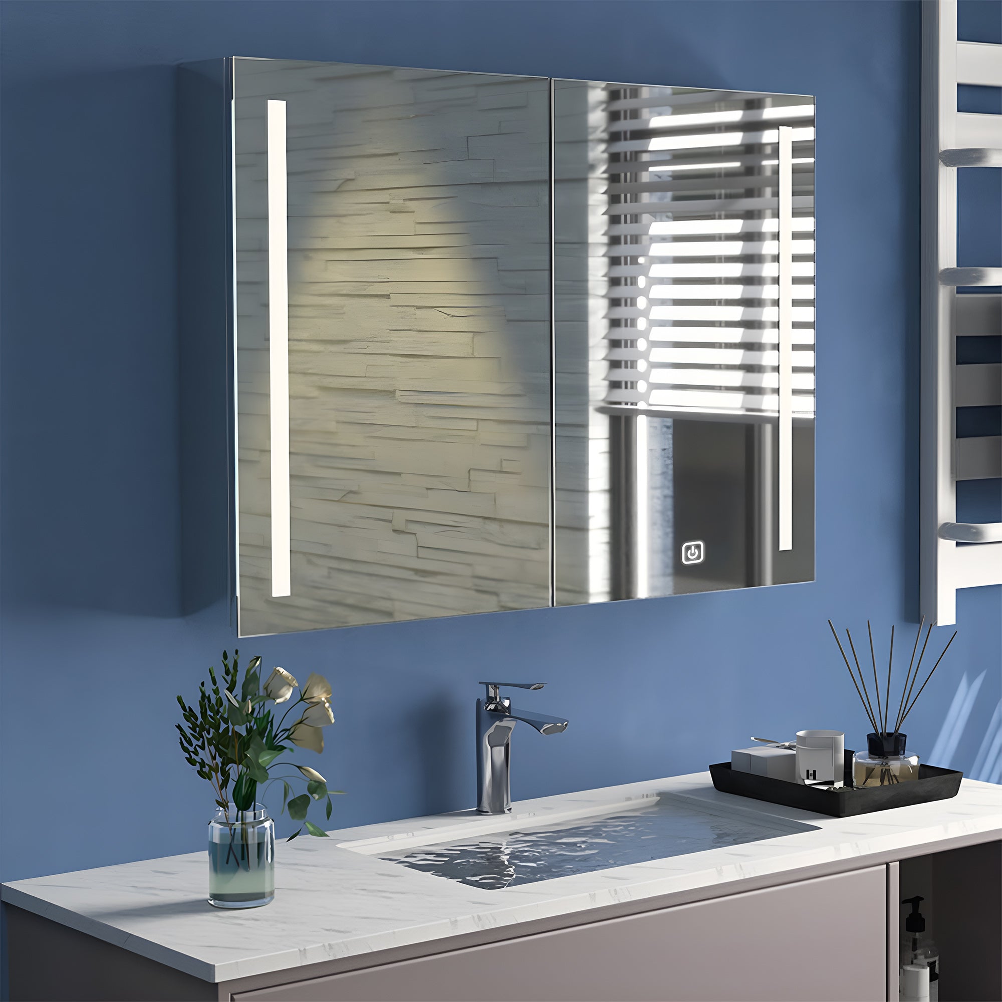 Double Door LED Mirror Cabinet with Vertical Lights and Touch Sensor