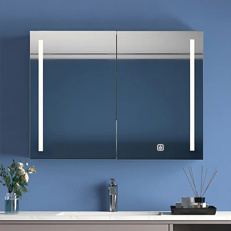 Double Door LED Mirror Cabinet with Vertical Lights and Touch Sensor
