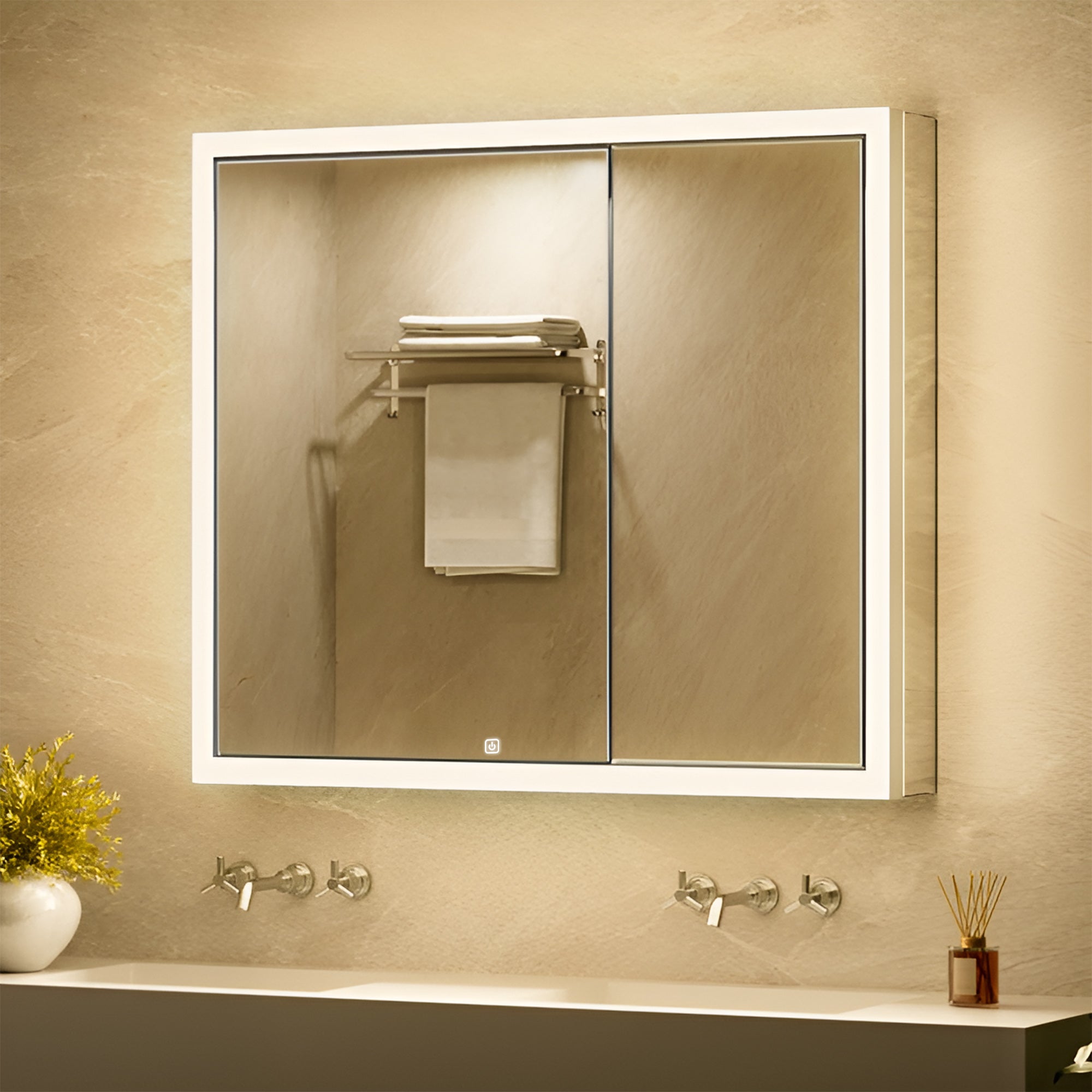 Double Door LED Mirror Cabinet with Warm Backlight and Touch Sensor
