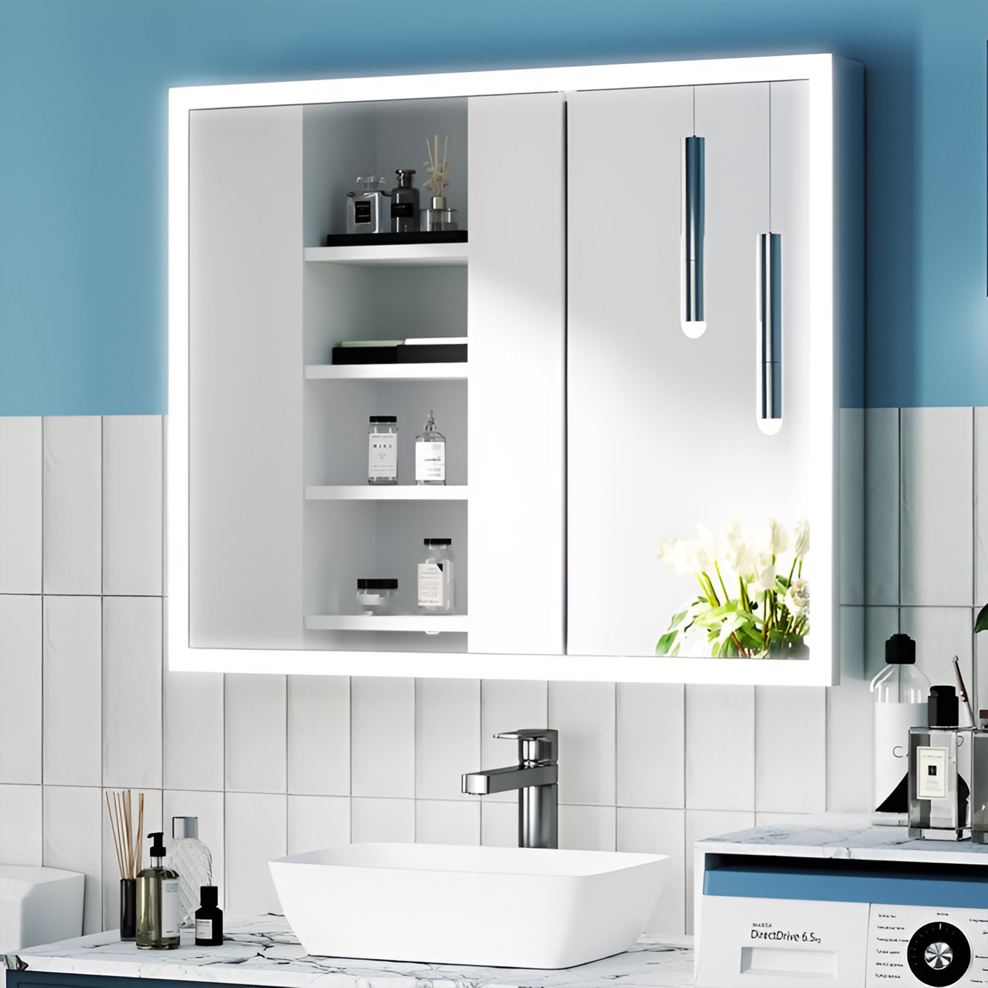 Double Door LED Mirror Cabinet with Warm Backlight and Touch Sensor