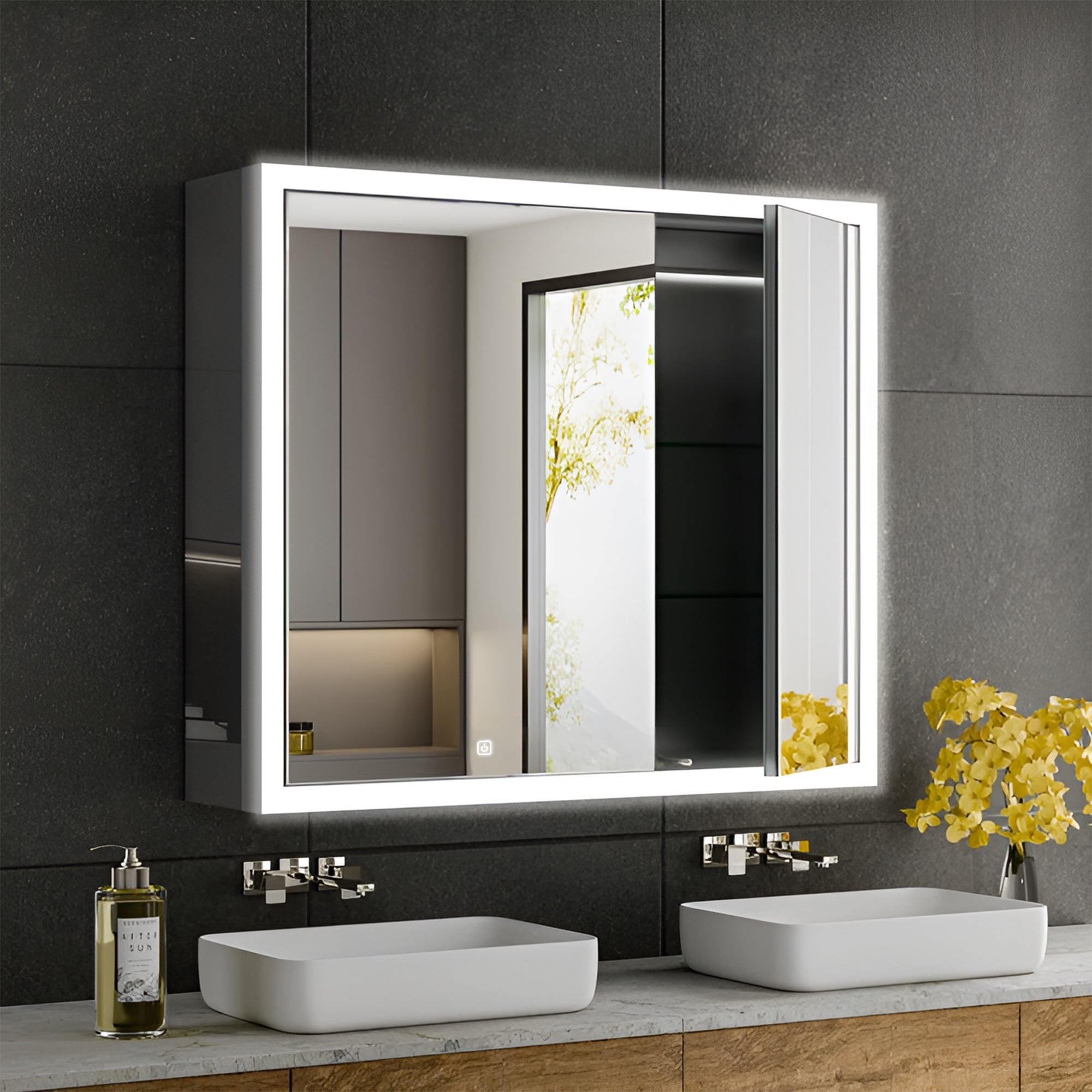 Double Door LED Mirror Cabinet with Warm Backlight and Touch Sensor
