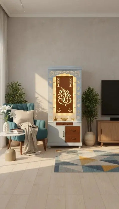 Aesthetic White Finish Wooden Floor Temple with Shri Ganeshji LED Back Panel & Spacious Drawer Storage Cabinet for Home & Office