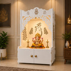 Beautiful Design of Shri Ganesh Floor Temple with Spacious Wooden Shelf & Inbuilt Focus Light- White Finish