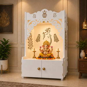 Beautiful Design of Shri Ganesh Floor Temple with Spacious Wooden Shelf & Inbuilt Focus Light- White Finish