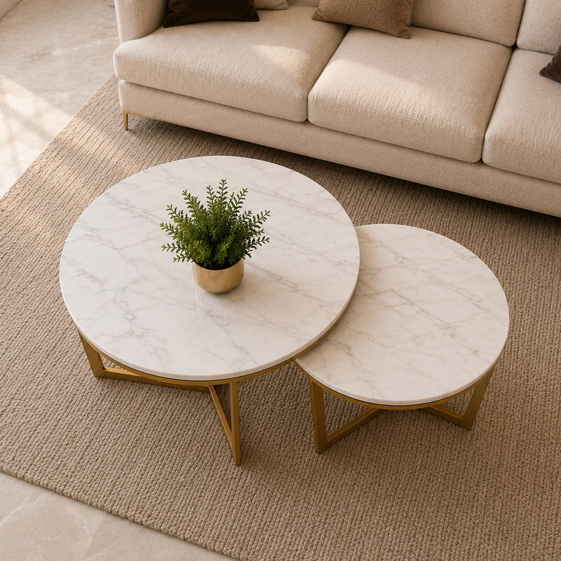 Premium Metallic Nesting Center Tables in Golden Luxurious Base Set of 2