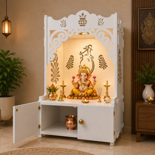 Beautiful Design of Shri Ganesh Floor Temple with Spacious Wooden Shelf & Inbuilt Focus Light- White Finish