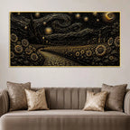 Dreamy Golden Starry Night Countryside Metallic Look 3D Canvas Wall Painting