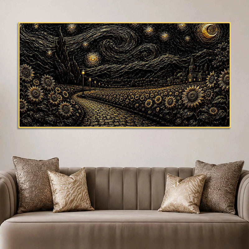 Dreamy Golden Starry Night Countryside Metallic Look 3D Canvas Wall Painting