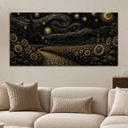 Dreamy Golden Starry Night Countryside Metallic Look 3D Canvas Wall Painting